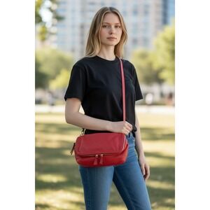 Rabeanco Red Pebbled Leather Flap Zip Crossbody Clutch Bag Convertible
